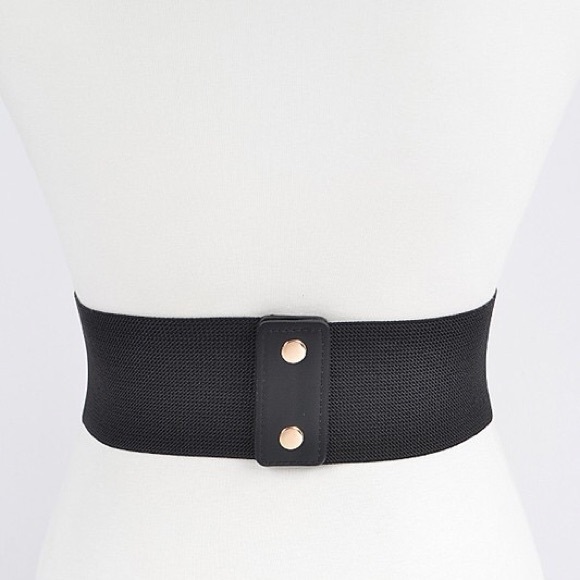 Black Leather Wide Elastic Studded Waist Statement Belt - Picture 3 of 9